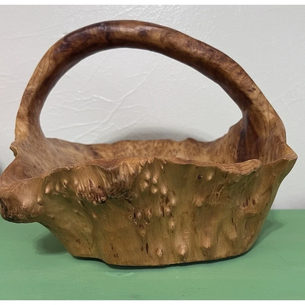 MCM Hand Carved Burl Wood Basket Handle Knobby Unique Boho Cabin Nature VTG‎